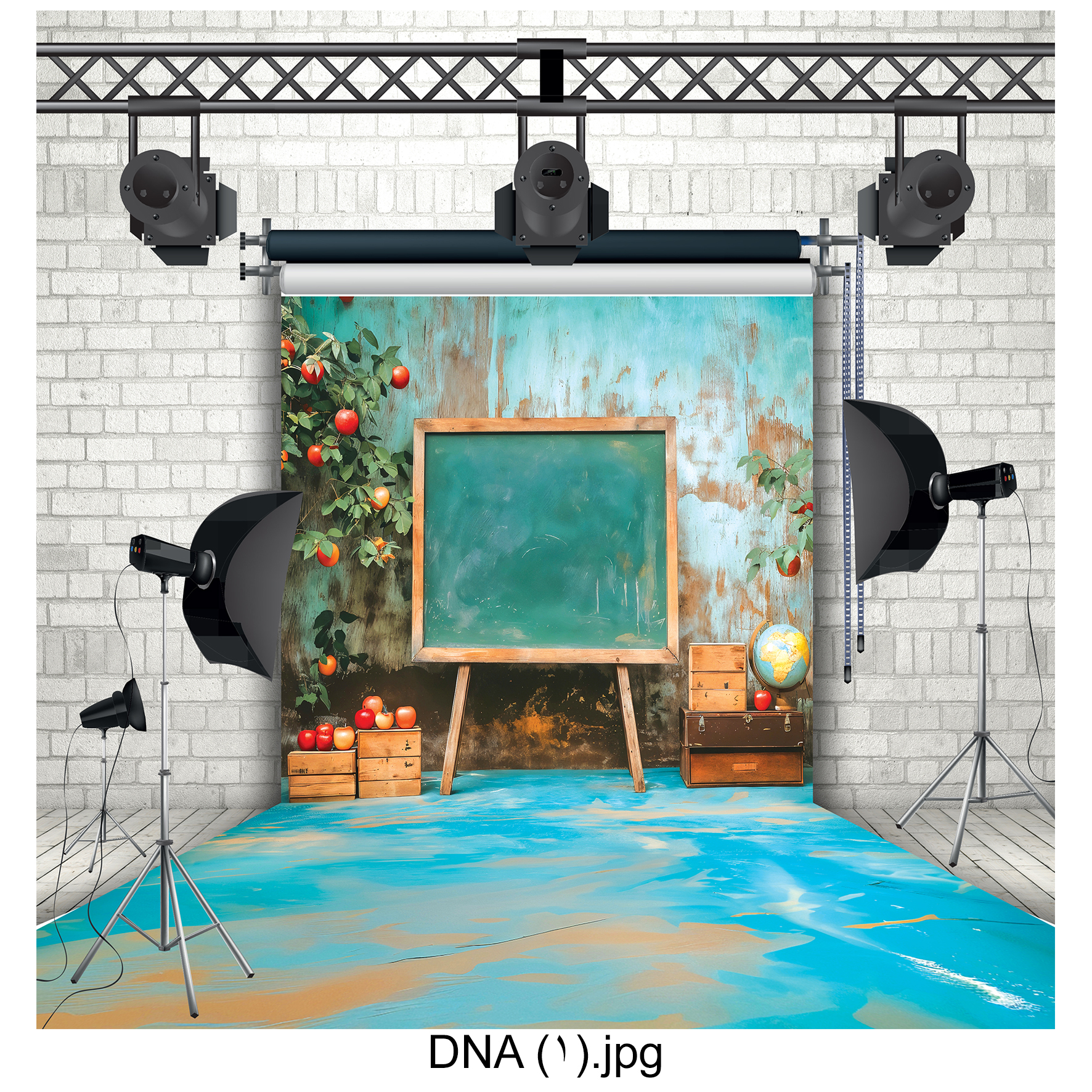 بکدراپ کلاسیک با تخته سیاه و درختان سیب مناسب برای عکاسی محصول و تبلیغات