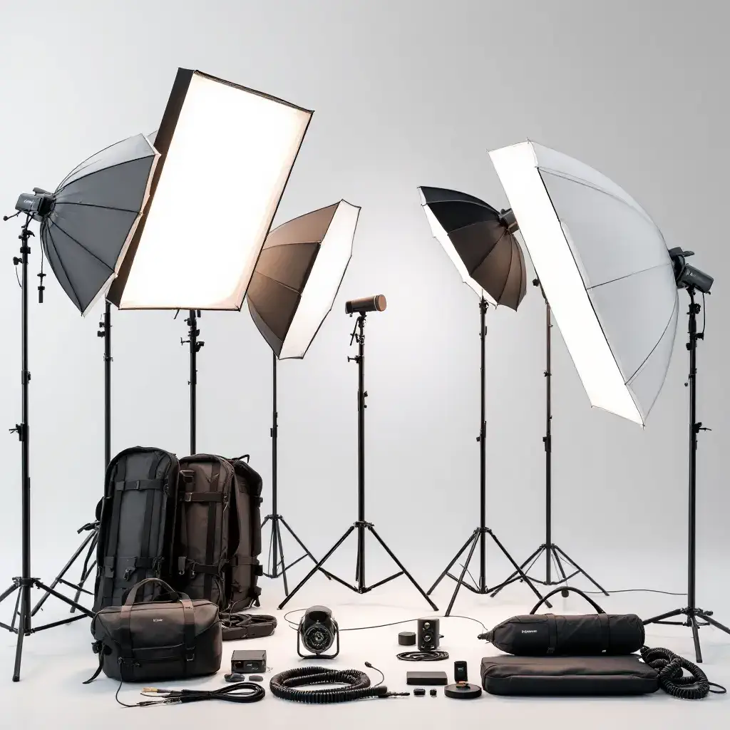 سافتباکسها برای نور نرم و طبیعی.
رفلکتورها برای کنترل سایهها.
چترهای نور برای پخش نور شدید.