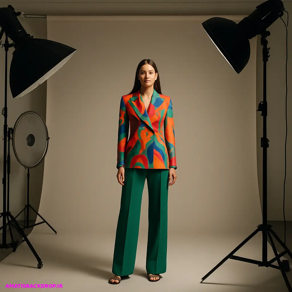 تصویری از یک عکاسی فشن با بکدراپ ساده و مینیمالیستی که لباس‌ها و مدل به‌طور واضح و برجسته به نمایش گذاشته شده‌اند.