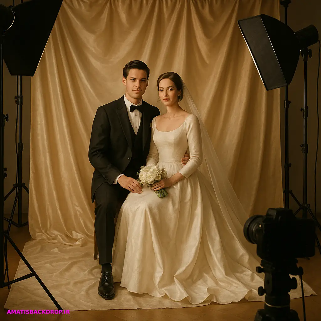 عکاسی عروسی در آتلیه با بکدراپ لوکس ساتن و نورپردازی ملایم که باعث ایجاد فضایی شیک و خاص برای عروس و داماد میشود.
