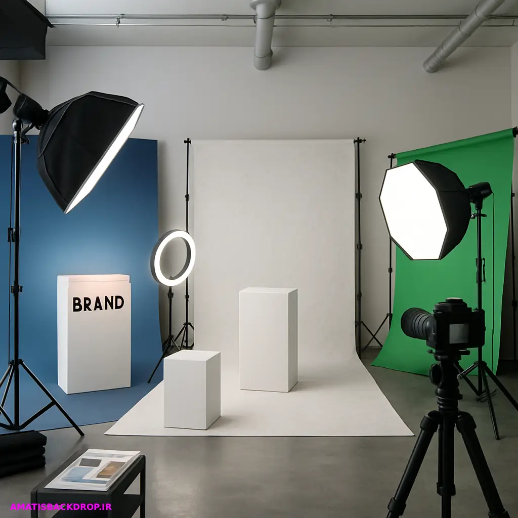 ضتصویری از دکور آتلیه تبلیغاتی با بکدراپ‌های خاص که برند را به‌طور مؤثر به نمایش می‌گذارد.