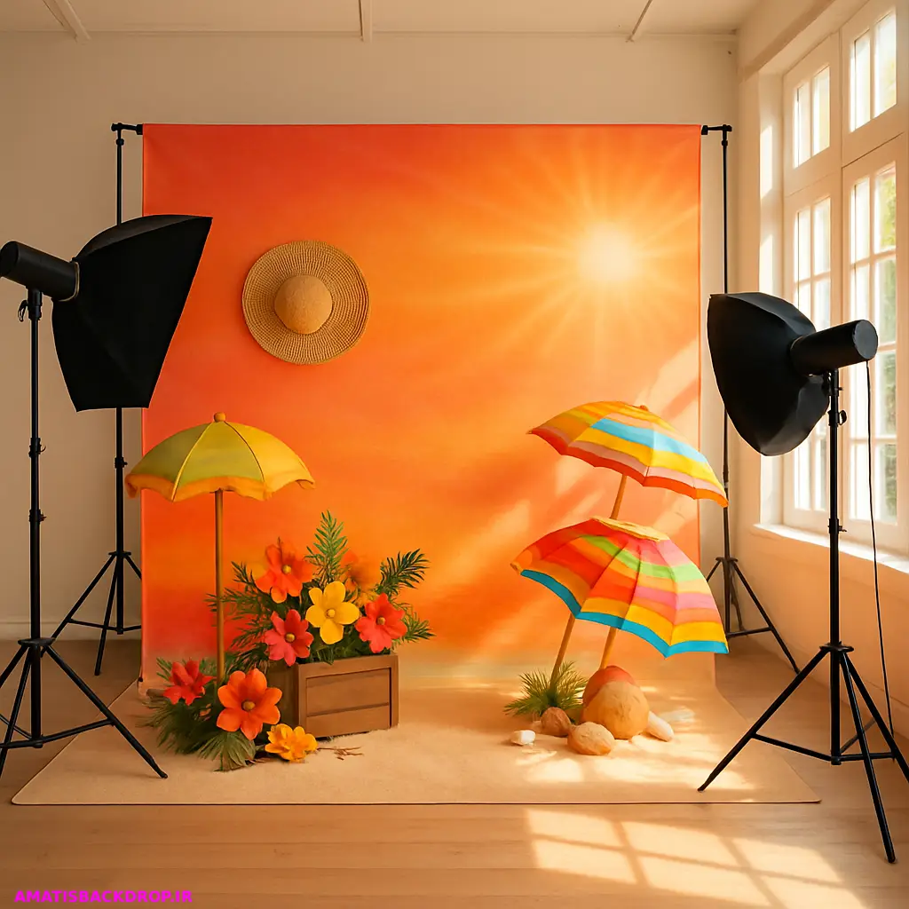 دکور تابستانی آتلیه با رنگهای زرد و نارنجی و وسایل دکوری شاد مانند صدف و شن که حس انرژی تابستانی را به فضا میآورد.