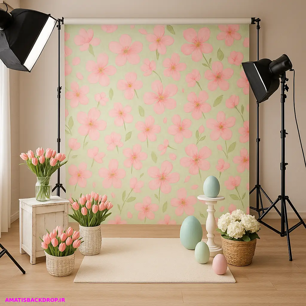 دکور آتلیه بهاری با طرحهای گلدار و رنگهای ملایم صورتی و سبز که فضای شاد و تازهای را ایجاد کرده است.