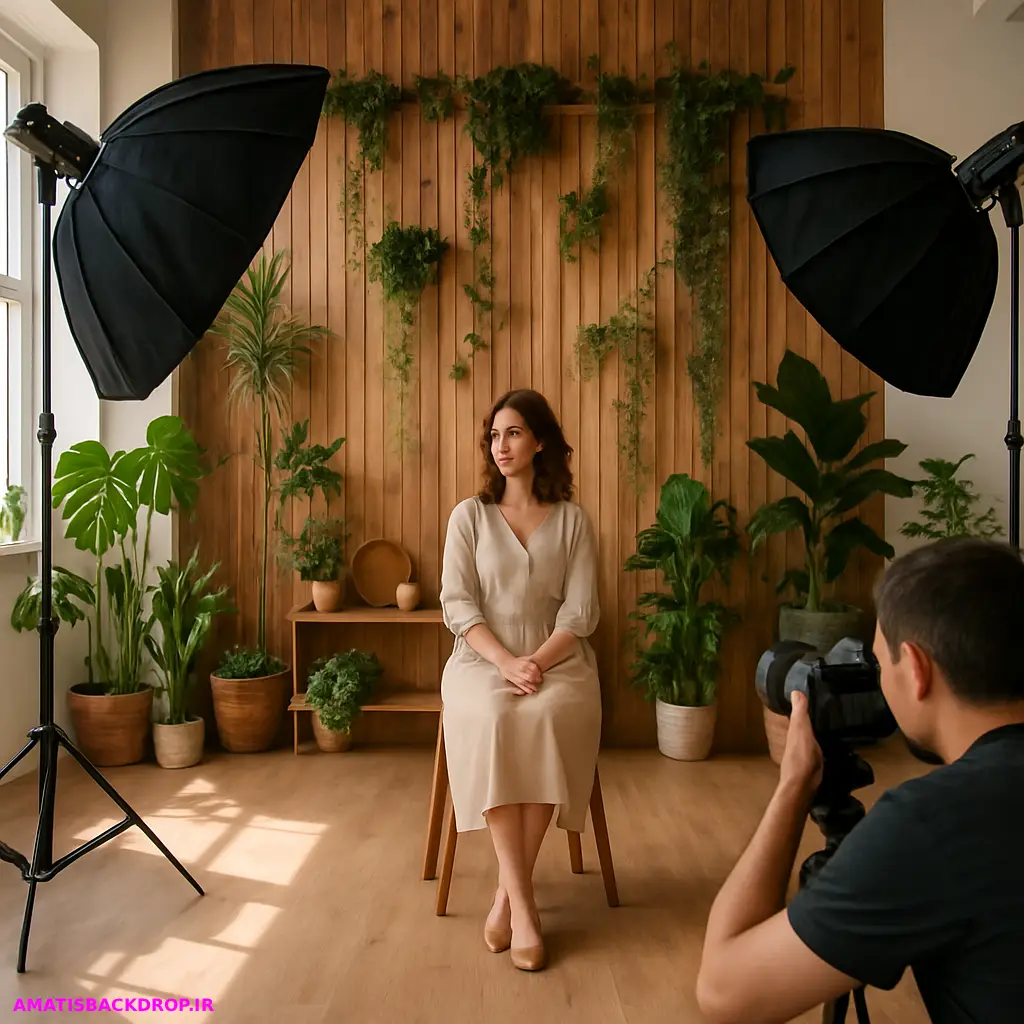 ترکیب دکور آتلیه با عناصر طبیعی مانند گیاهان و چوب برای خلق فضایی طبیعی و گرم که به عکسها عمق و زیبایی بیشتری میبخشد.