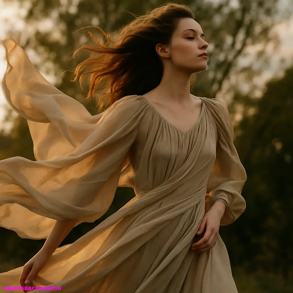 عکاسی پرتره با بکدراپ بادی که باد درختان و حرکت لباس مدل را بهخوبی به نمایش میگذارد و حس زندگی و حرکت را منتقل میکند.