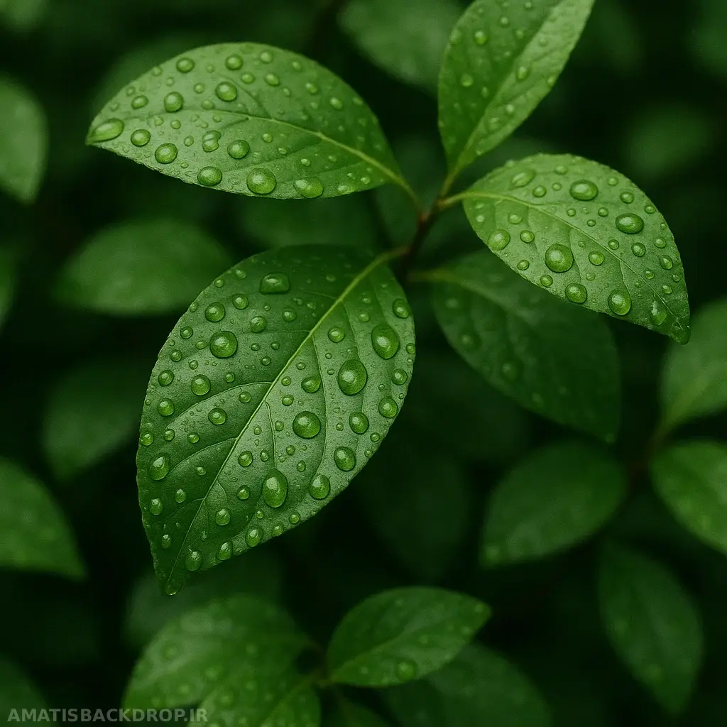 قطرات باران روی برگ‌های سبز در طبیعت
