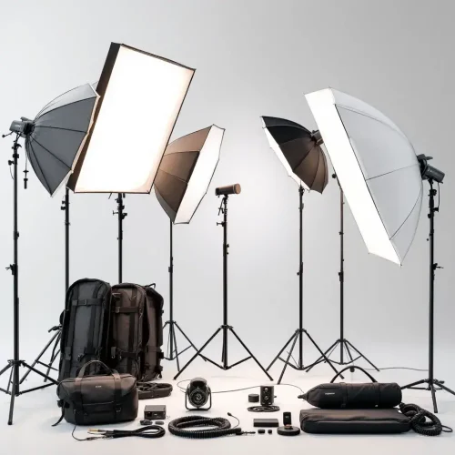سافت‌باکس‌ها برای نور نرم و طبیعی. رفلکتورها برای کنترل سایه‌ها. چترهای نور برای پخش نور شدید.