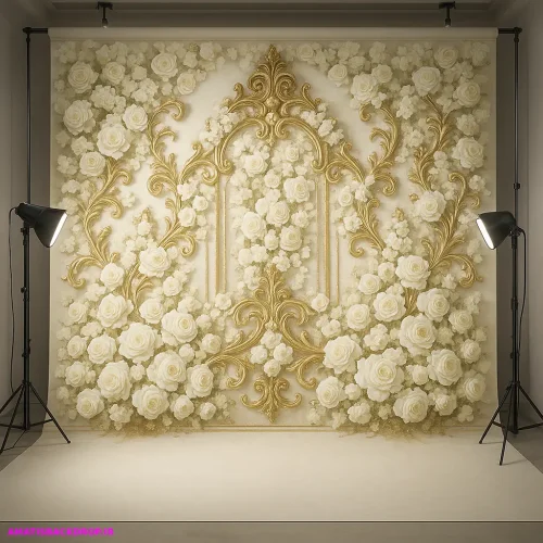تصویری از بکدراپ لوکس عروسی با طراحی گل‌دار و رنگ‌های طلایی که فضای مجلل و زیبایی را در عکاسی عروسی ایجاد می‌کند
